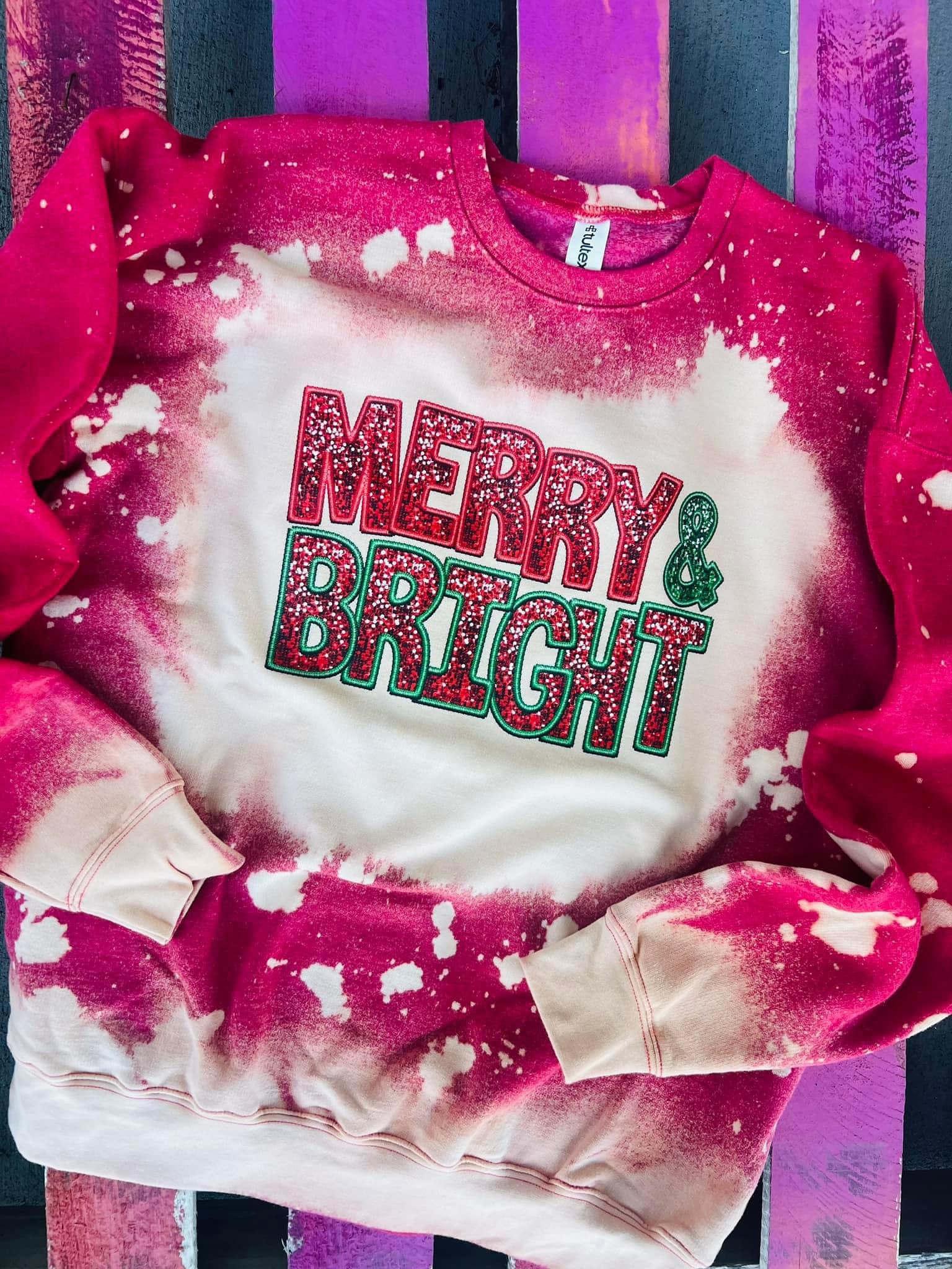 Faux Sequin Merry & Bright - Bleached Red Sweatshirt