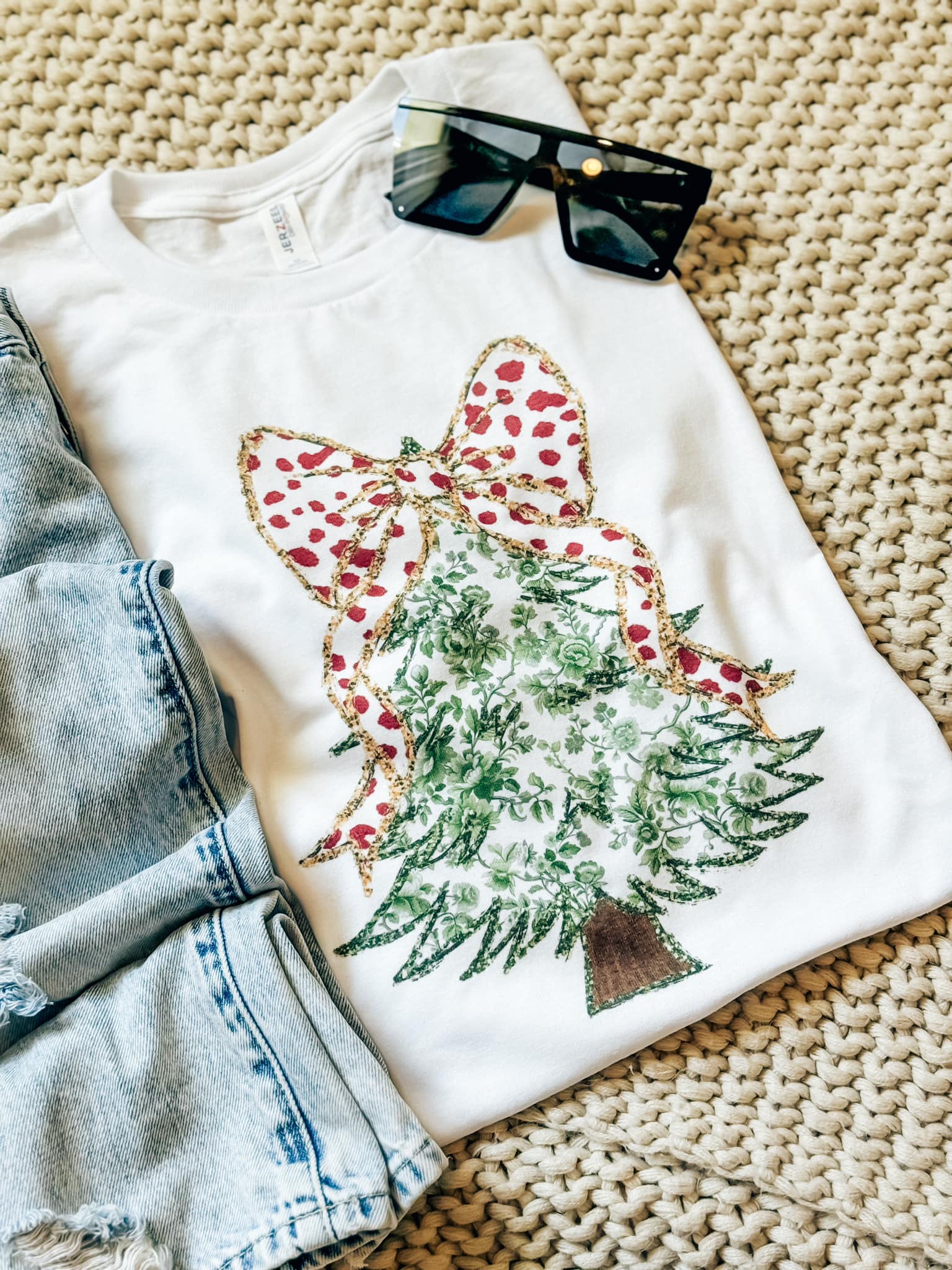 Green Christmas Tree + Bow Tee (Red Dots)