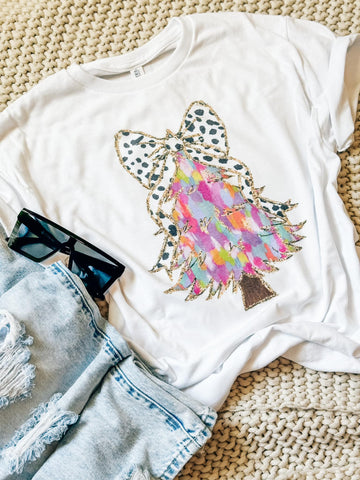 Colorful Christmas Tree + Bow Tee (Black Dots)