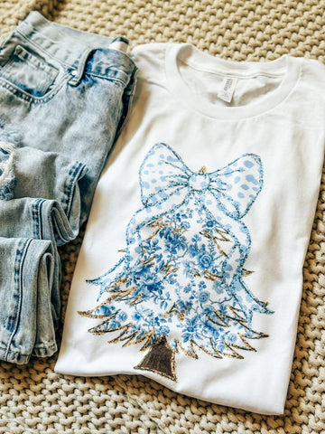 Blue Christmas Tree + Bow Tee (Blue Dots)