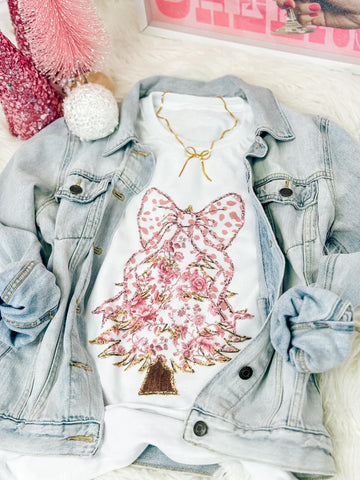 Pink Christmas Tree + Bow Tee (Pink Dots)