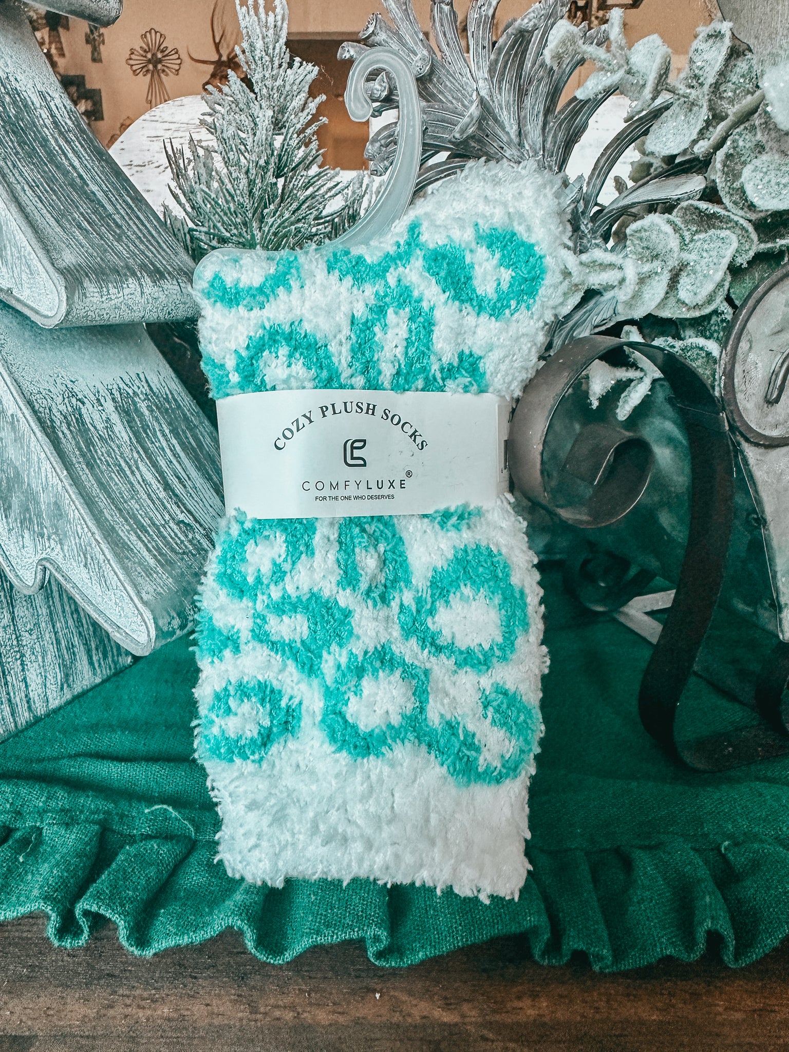 Cozy Plush Socks (Mint Cheetah)